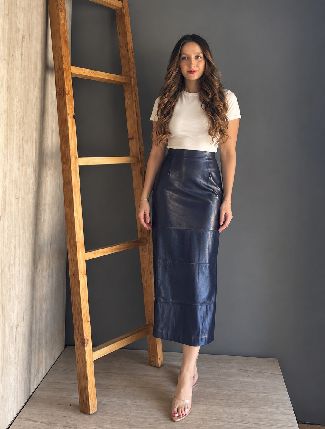 Navy Pu Midi Skirt