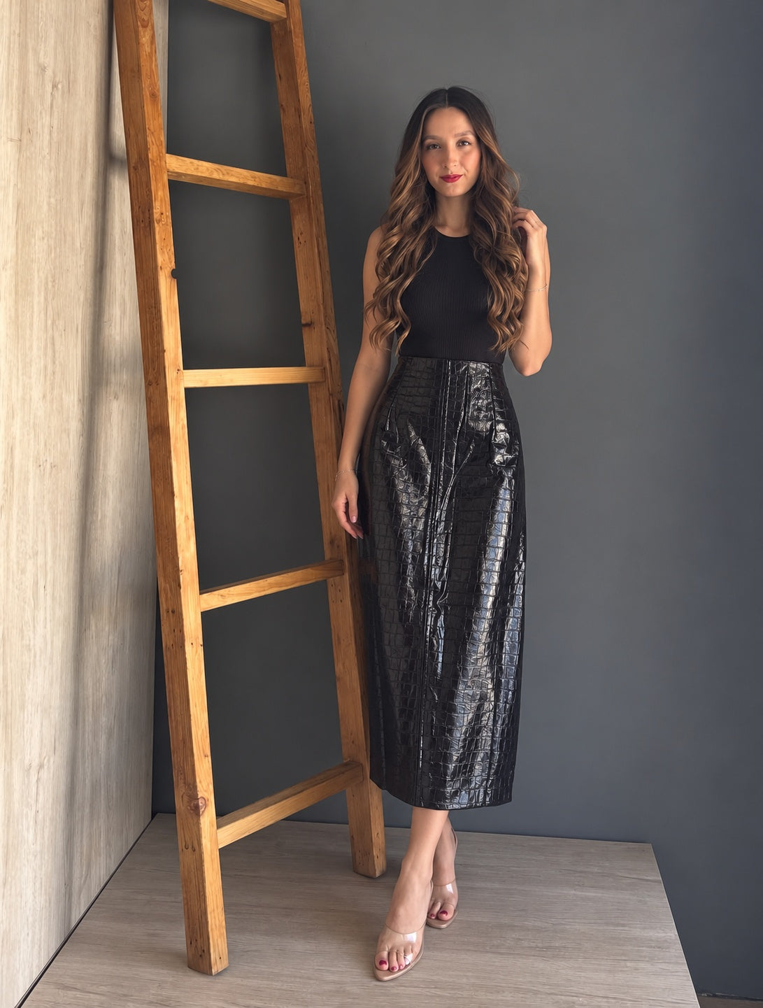 Dk Brown Leather Crocodile Skirt