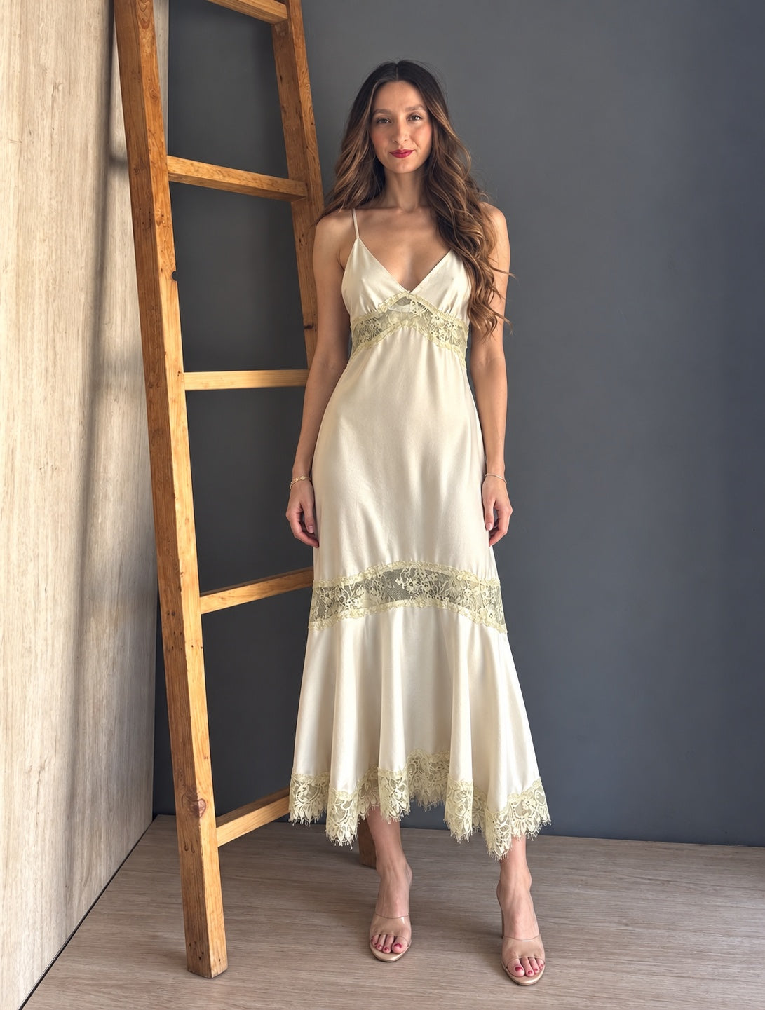 Matcha Satin Maxi Dress W/Lace