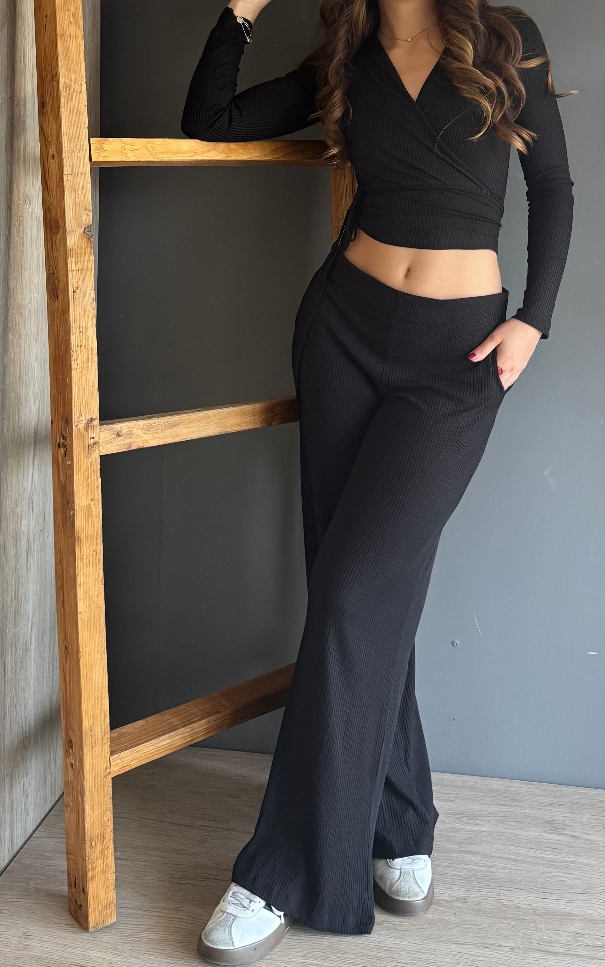 Muse Ribbed Wrap Lounge Set Black – Negro negro - vista 2