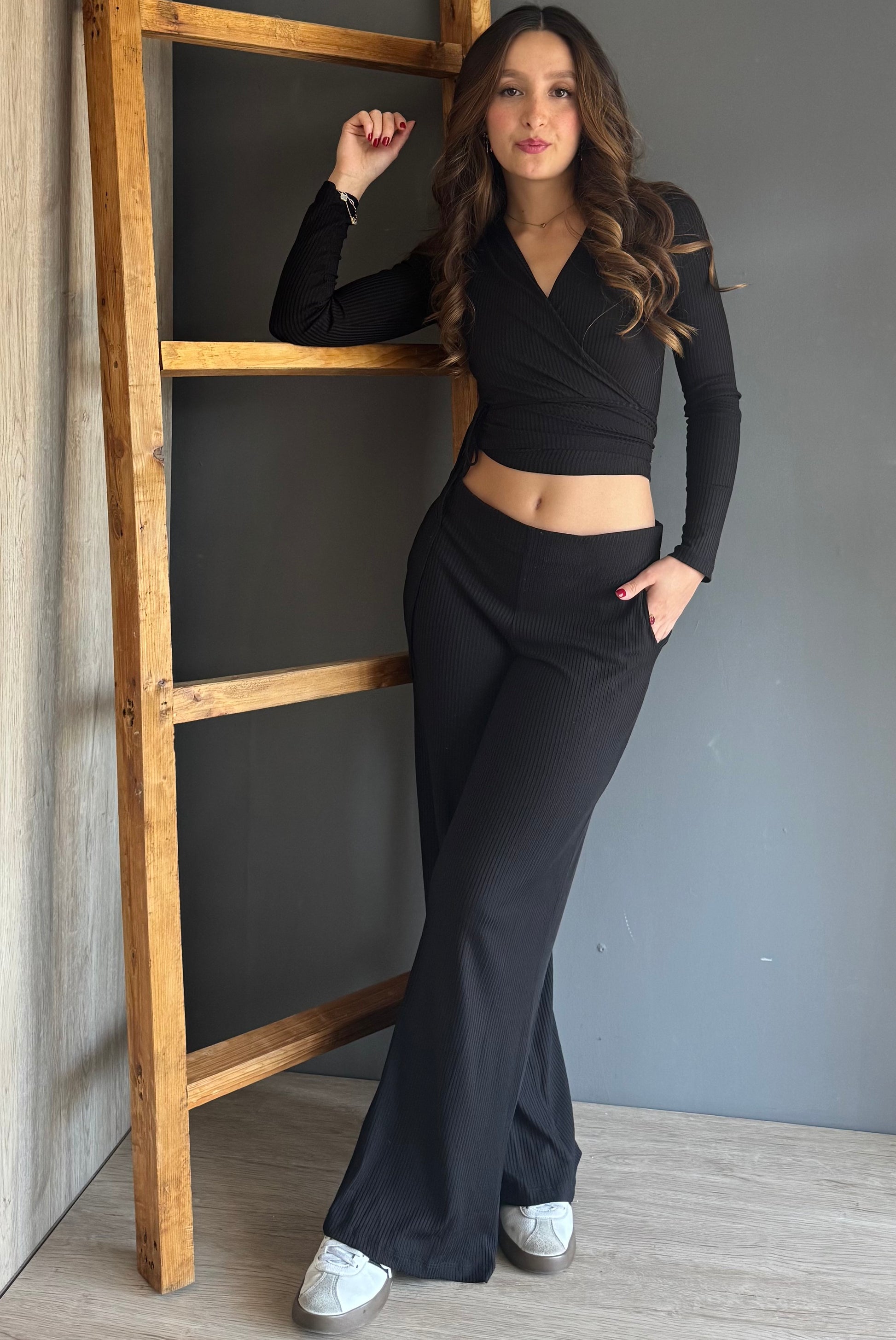 Muse Ribbed Wrap Lounge Set Black – Negro negro - vista 4