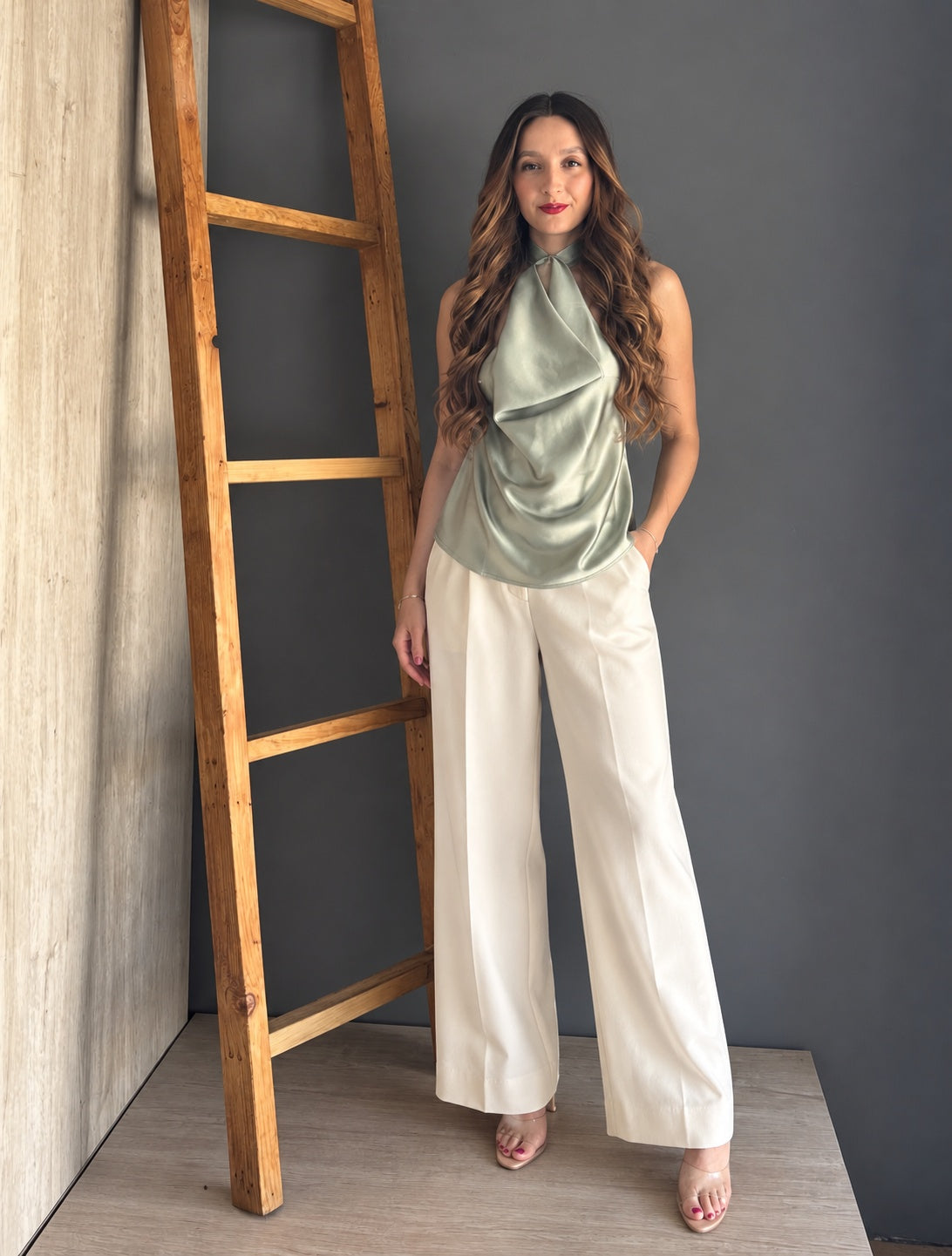 Olive Satin Halter Top